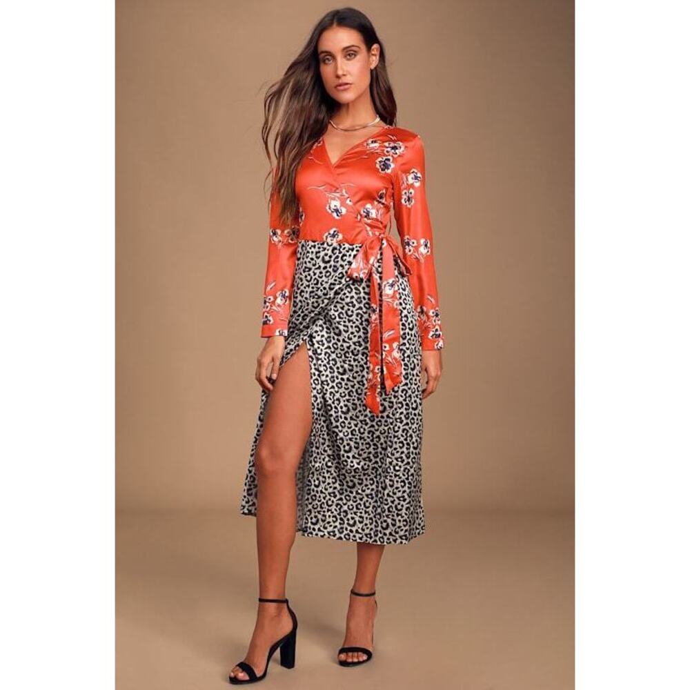 Lulus On The Run Red Multi Print Satin Midi Wrap Dress - Size XL